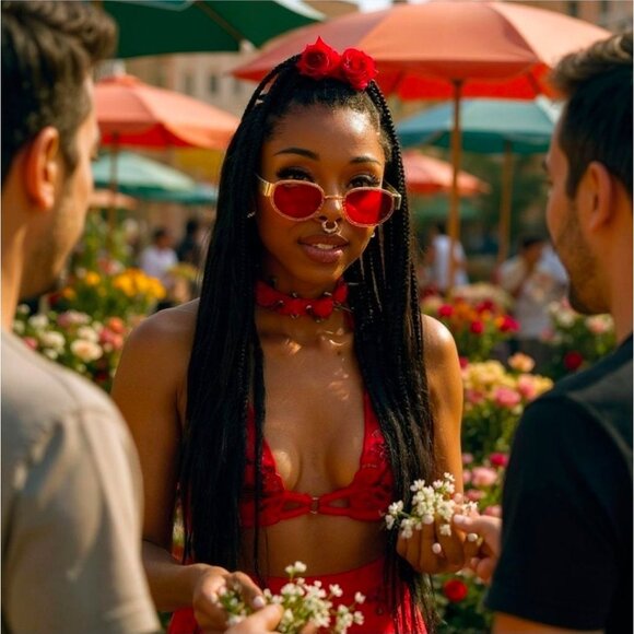 Dolls Kill ✦ Red Rhinestone Oval Sunglasses ✦ Gold Frame Black Arms Festival NWT - Picture 5 of 5